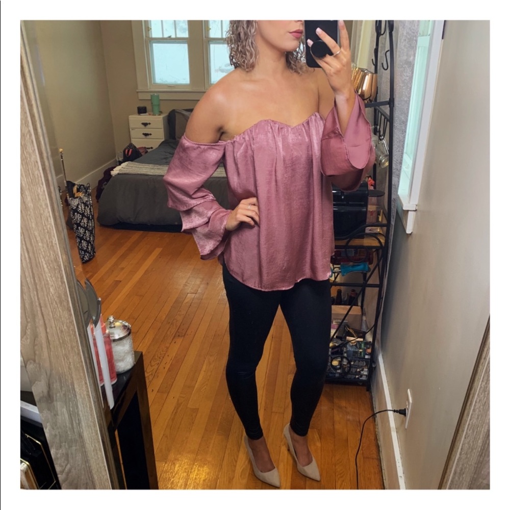 Pink off the shoulder ruffle satin silk top sleeve